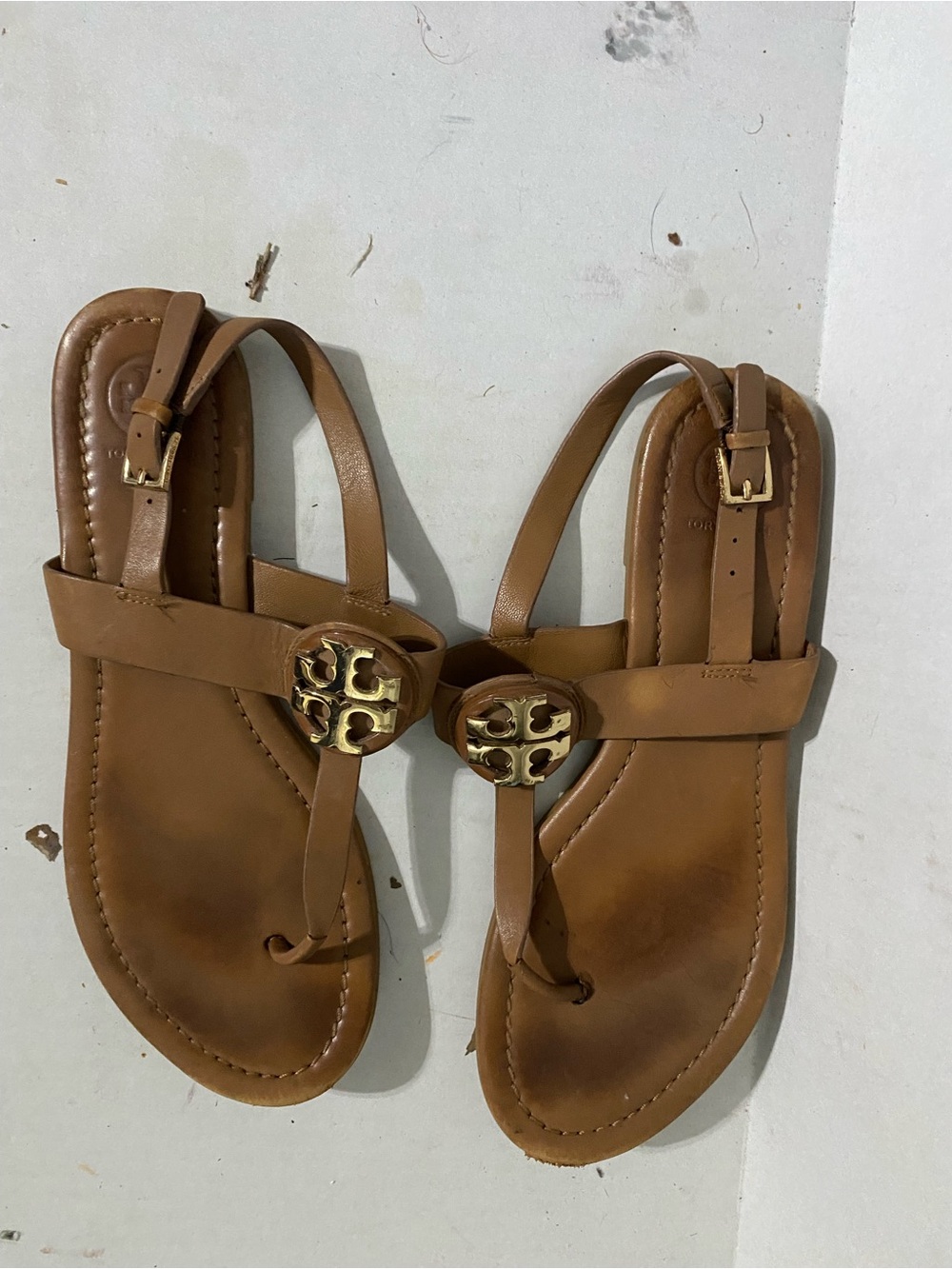 Tory Burch Cognac Leather T-Strap Sandals with Gold Medallions
